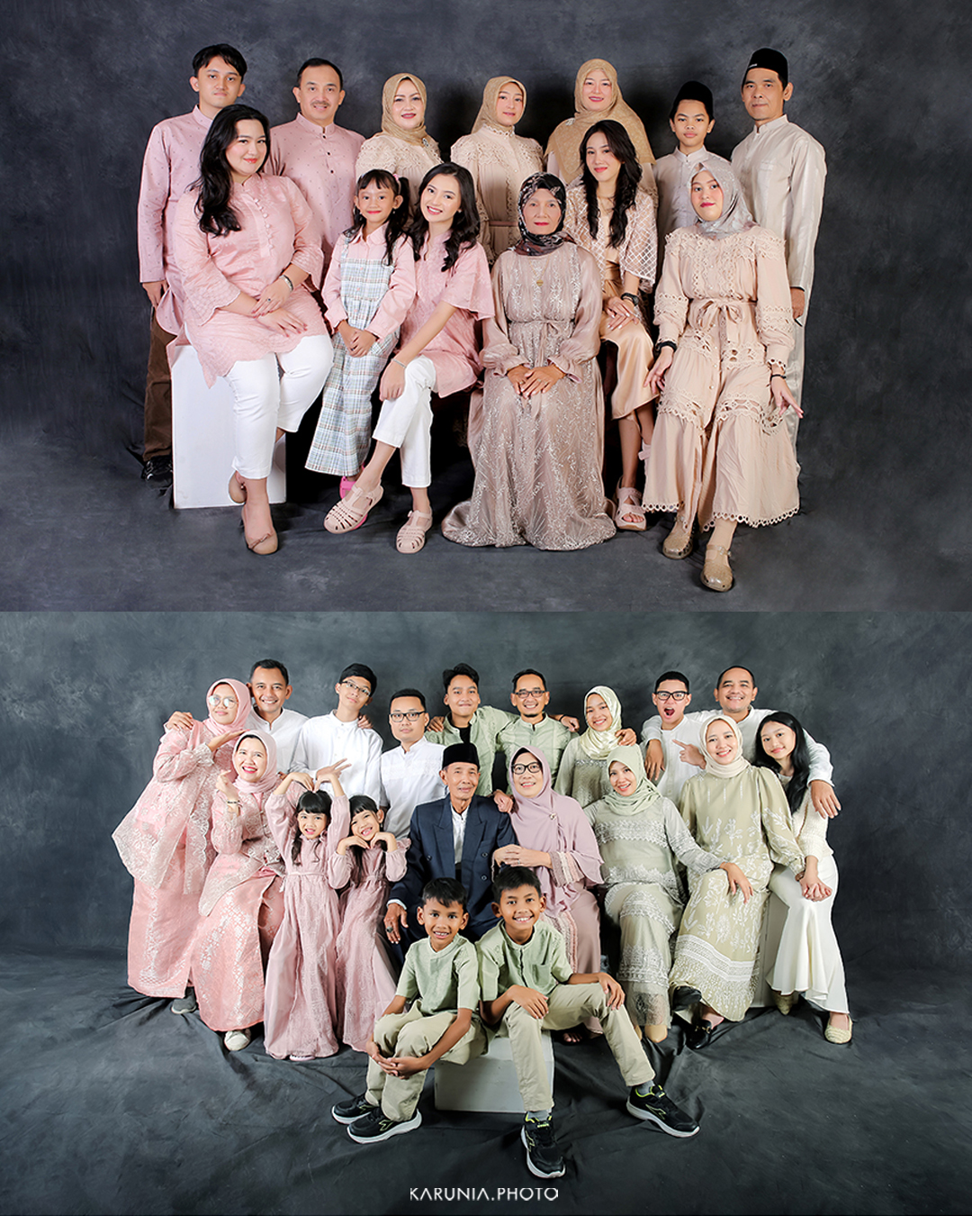 Three siblings sitting on wooden steps in coordinating outfits with genuine smiles and relaxed poses