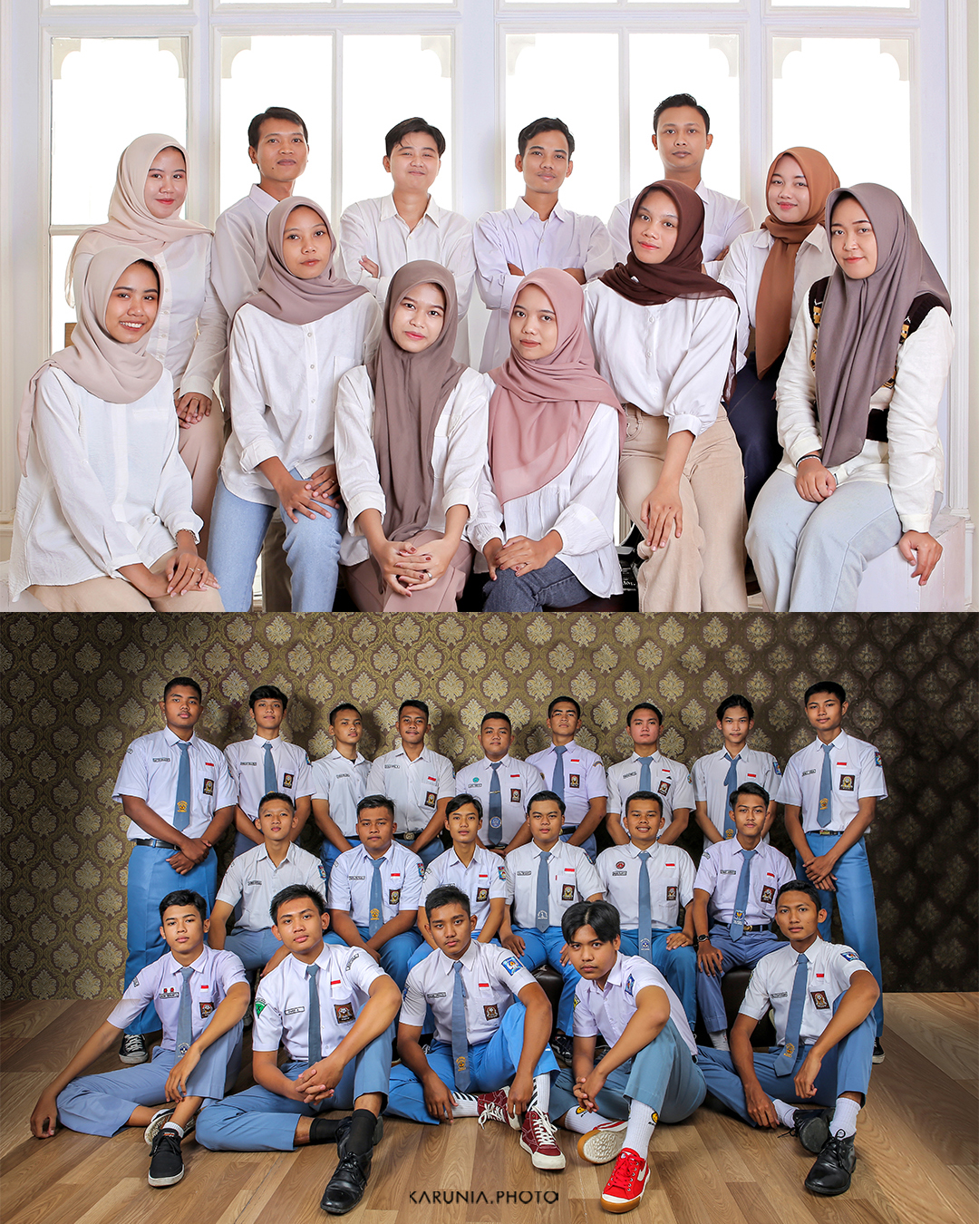 Large extended family arranged on rustic wooden staircase in coordinated outfits