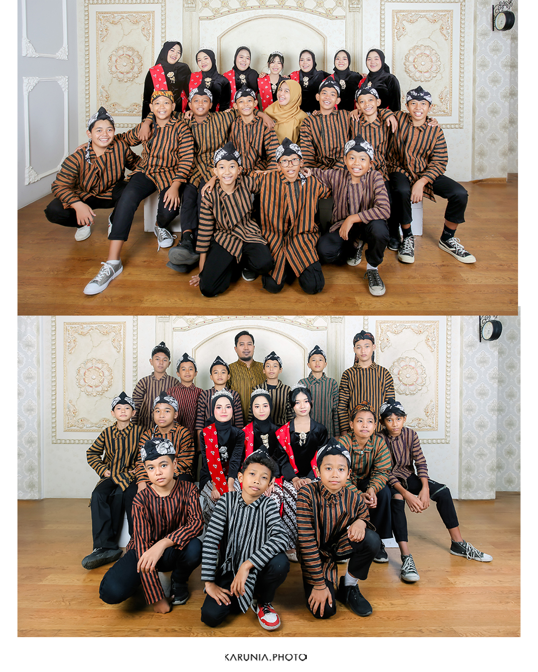 Sports team in uniform posing with championship trophy on field after winning game