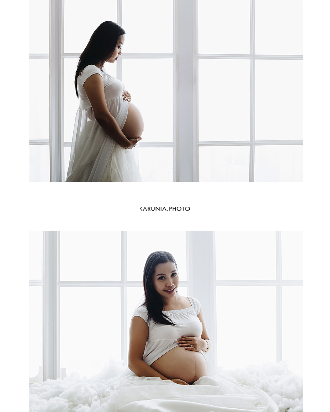 Silhouette of pregnant woman standing by ocean shore at sunset with glowing rim light