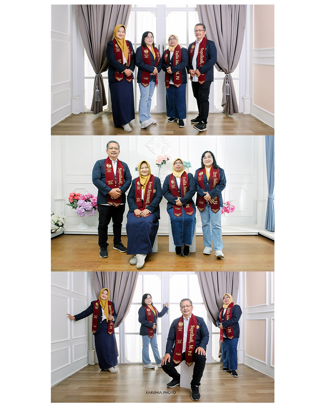 Group of friends in caps and gowns cheering together with arms around each other